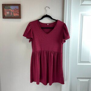 Peplum Red Ruffle Short Sleeve V-Neck Oversized Babydoll Tunic Top - Glanzition